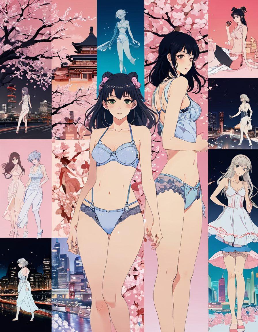 A visually striking collage that captures the evolution of adult themes in anime, featuring a timeline from vintage lingerie designs to modern explicit content, illustrated with iconic anime characters across different styles. The background showcases a transition from soft, muted colors to bold, vibrant hues representing the evolution, with elements like cherry blossoms and neon cityscapes. The overall composition is dynamic and engaging, drawing the eye across the timeline. super-realistic. vibrant colors. gradient background.