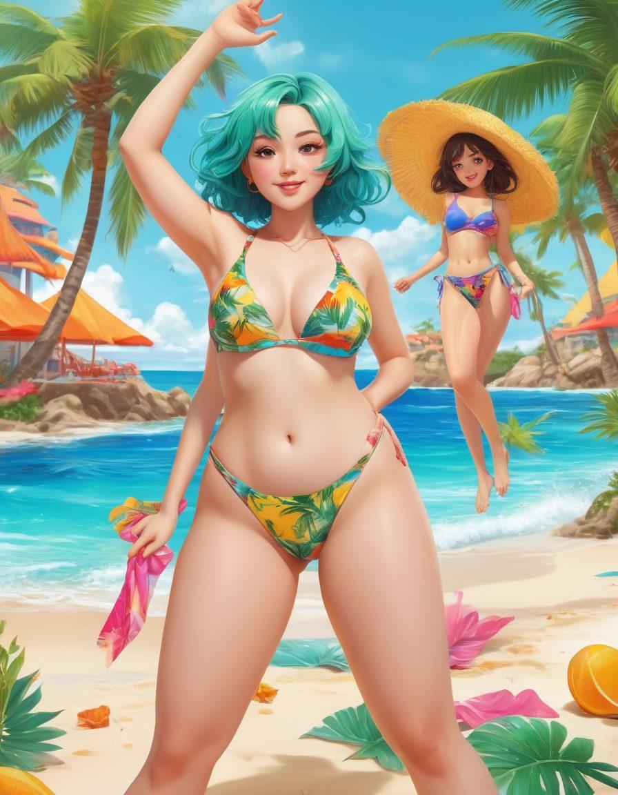 A colorful and vibrant depiction of anime characters celebrating body positivity, showcasing various styles of swimwear and playful poses. The backdrop features a sunny beach with palm trees and a lively ocean, bringing an atmosphere of fun and freedom. Include subtle elements of fanservice, like exaggerated expressions and dynamic poses that emphasize the humor of the anime culture. Bright colors and whimsical designs enhance the playful theme. super-realistic. vibrant colors. 3D.