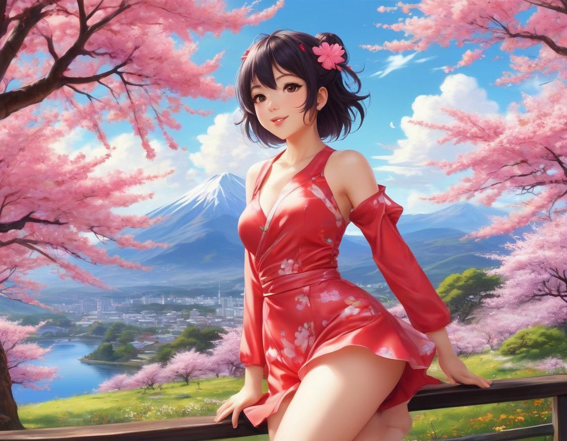 A whimsical and vibrant illustration showcasing anime characters in playful poses, highlighting the cheeky spirit of fanservice with exaggerated expressions and outfits. The background features a colorful anime-inspired landscape with soft clouds and cherry blossom trees, creating a fun and inviting atmosphere. Include hints of cartoon nudity in a humorous, non-offensive way, emphasizing lightheartedness. super-realistic. vibrant colors. anime style.